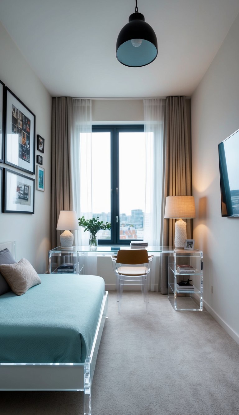 A small bedroom with clear acrylic furniture, maximizing space with 26 creative ideas