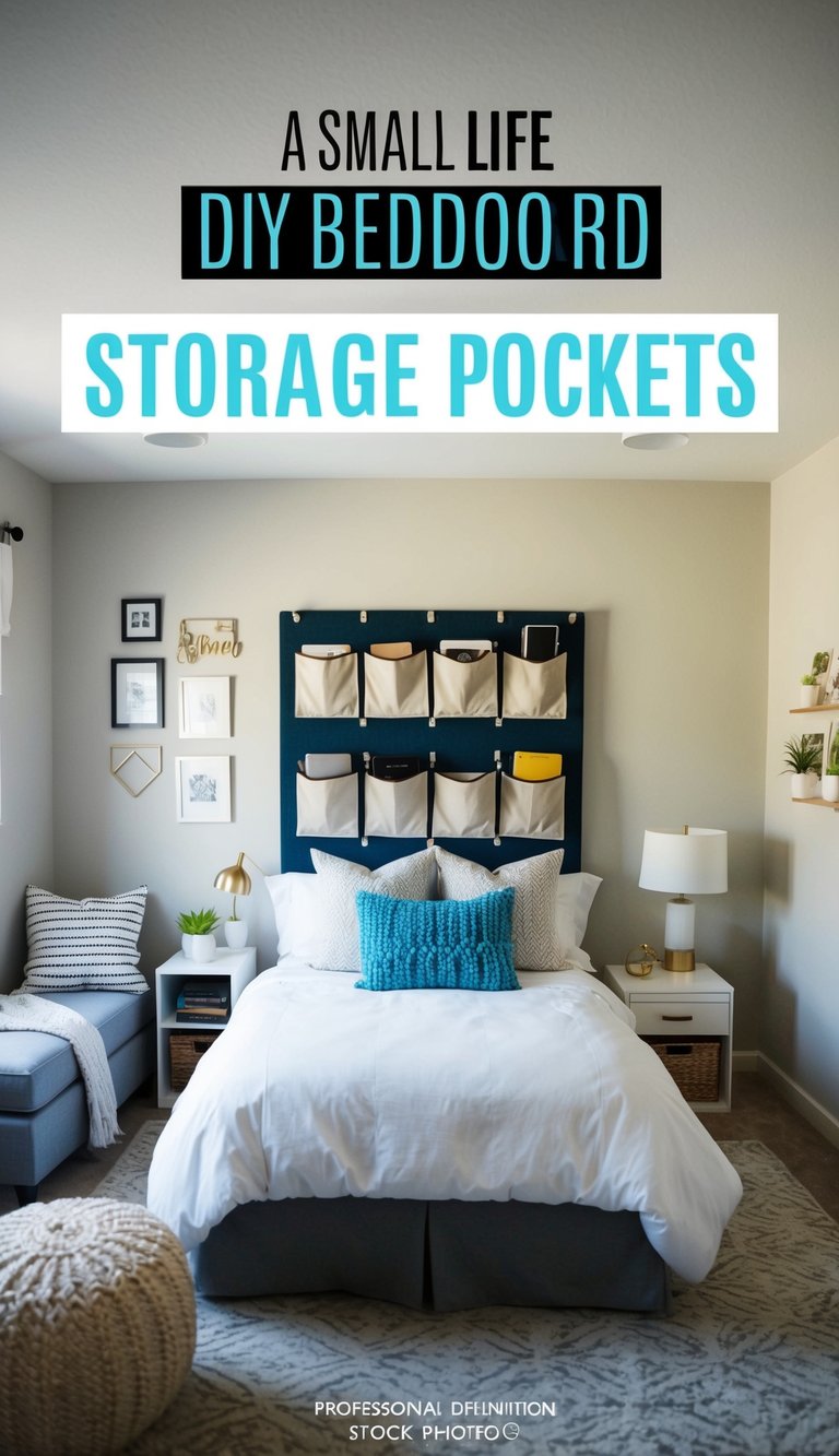 A small bedroom with a DIY headboard featuring storage pockets, surrounded by various space-saving furniture and decor