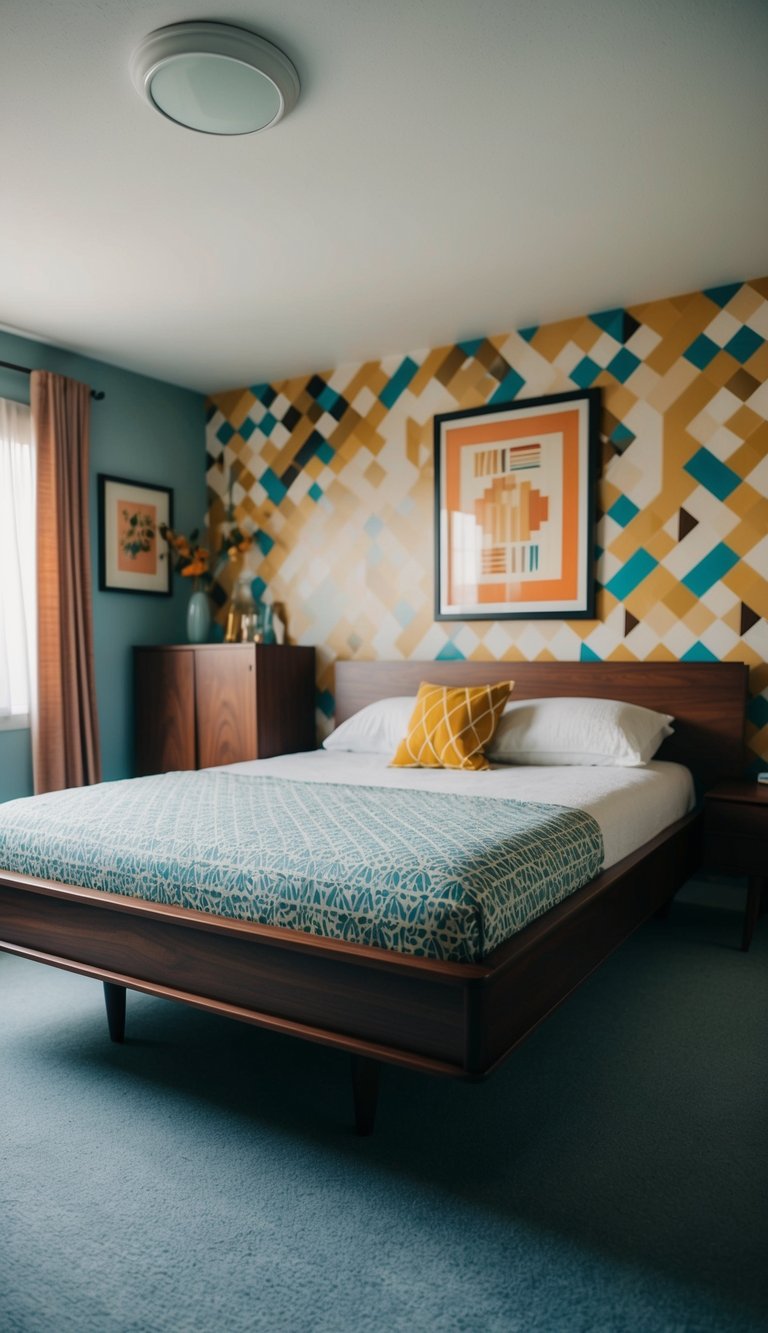 A mid-century modern walnut platform bed in a retro bedroom with vintage decor and geometric patterns