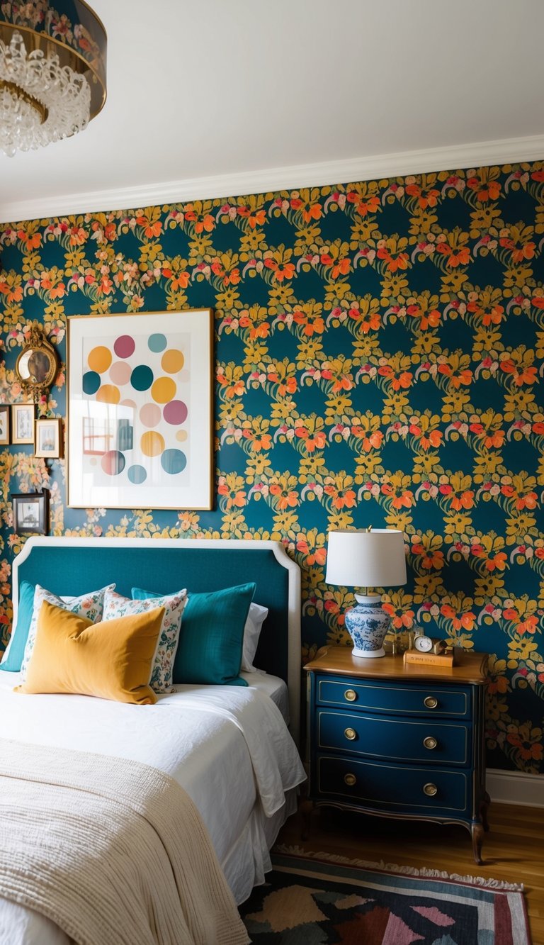 A cozy bedroom with a bold retro floral wallpaper accent wall, complemented by vintage furniture and decor