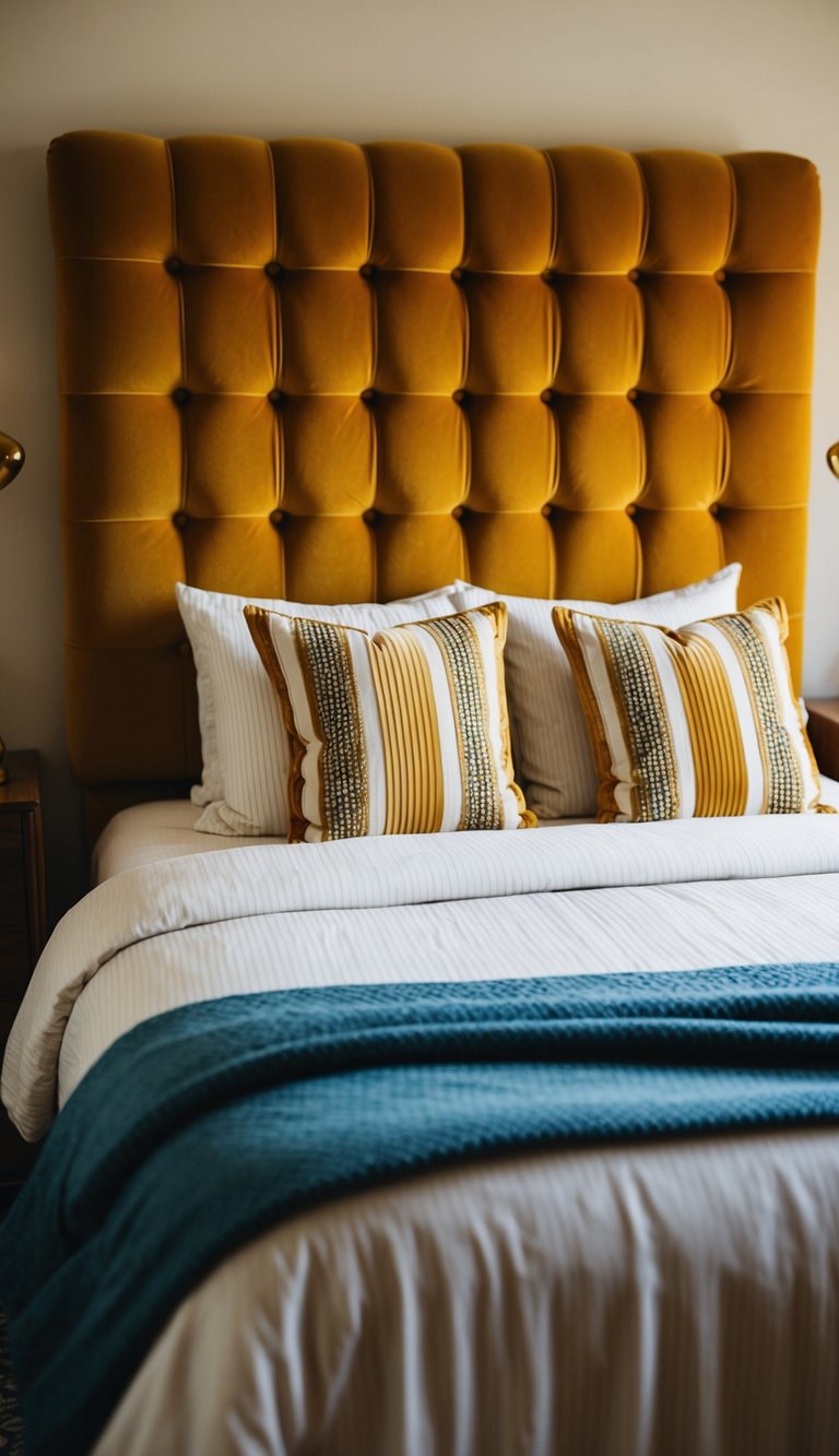 A retro bedroom with a mustard yellow velvet tufted headboard
