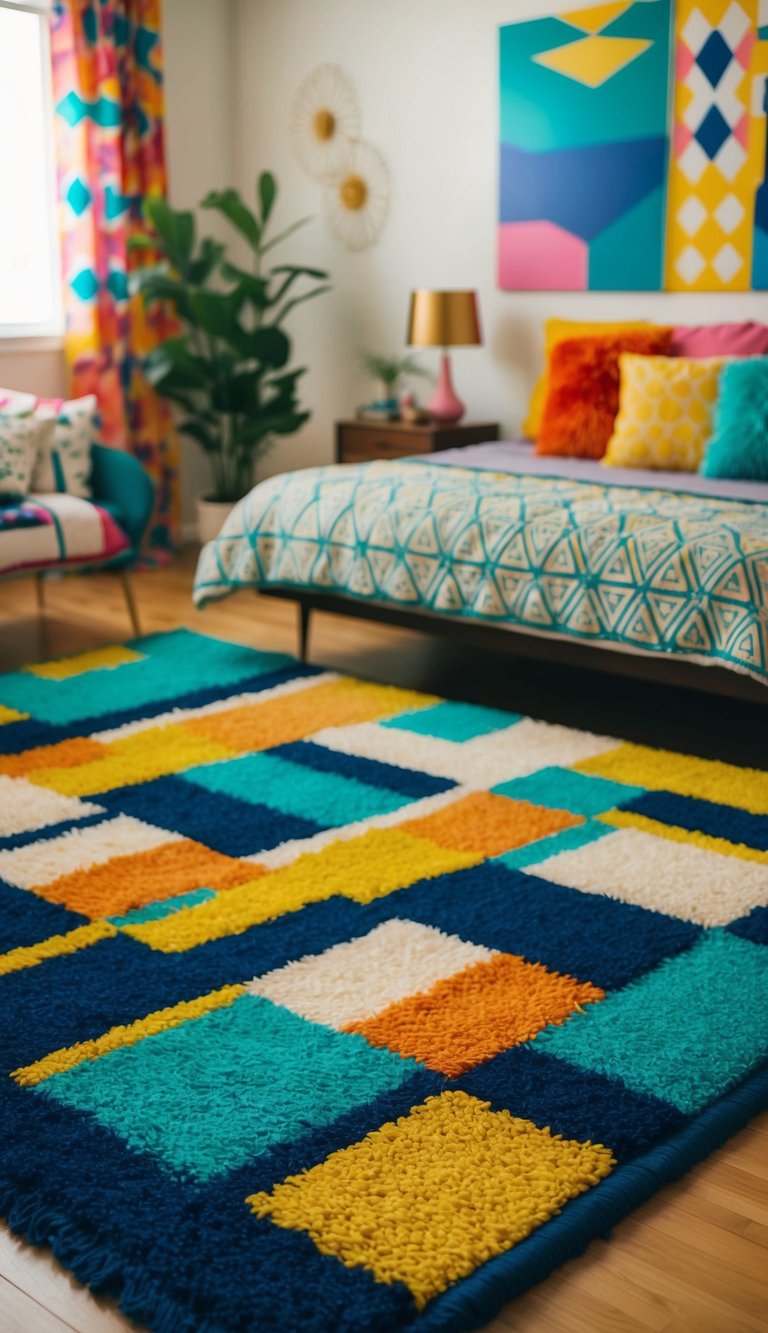 A geometric patterned shag rug anchors a retro bedroom with vibrant colors and bold patterns
