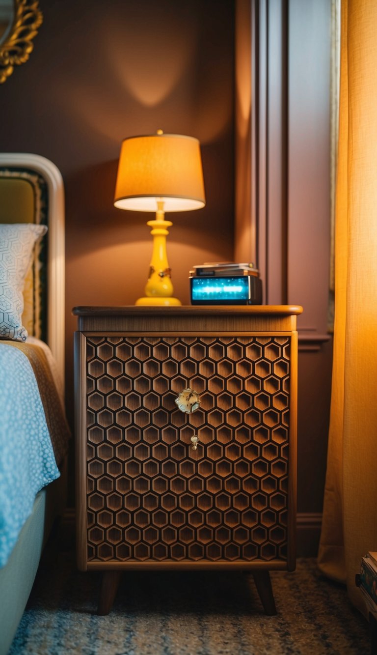 A honeycomb-patterned wood nightstand sits in a retro bedroom, surrounded by vintage decor and warm lighting