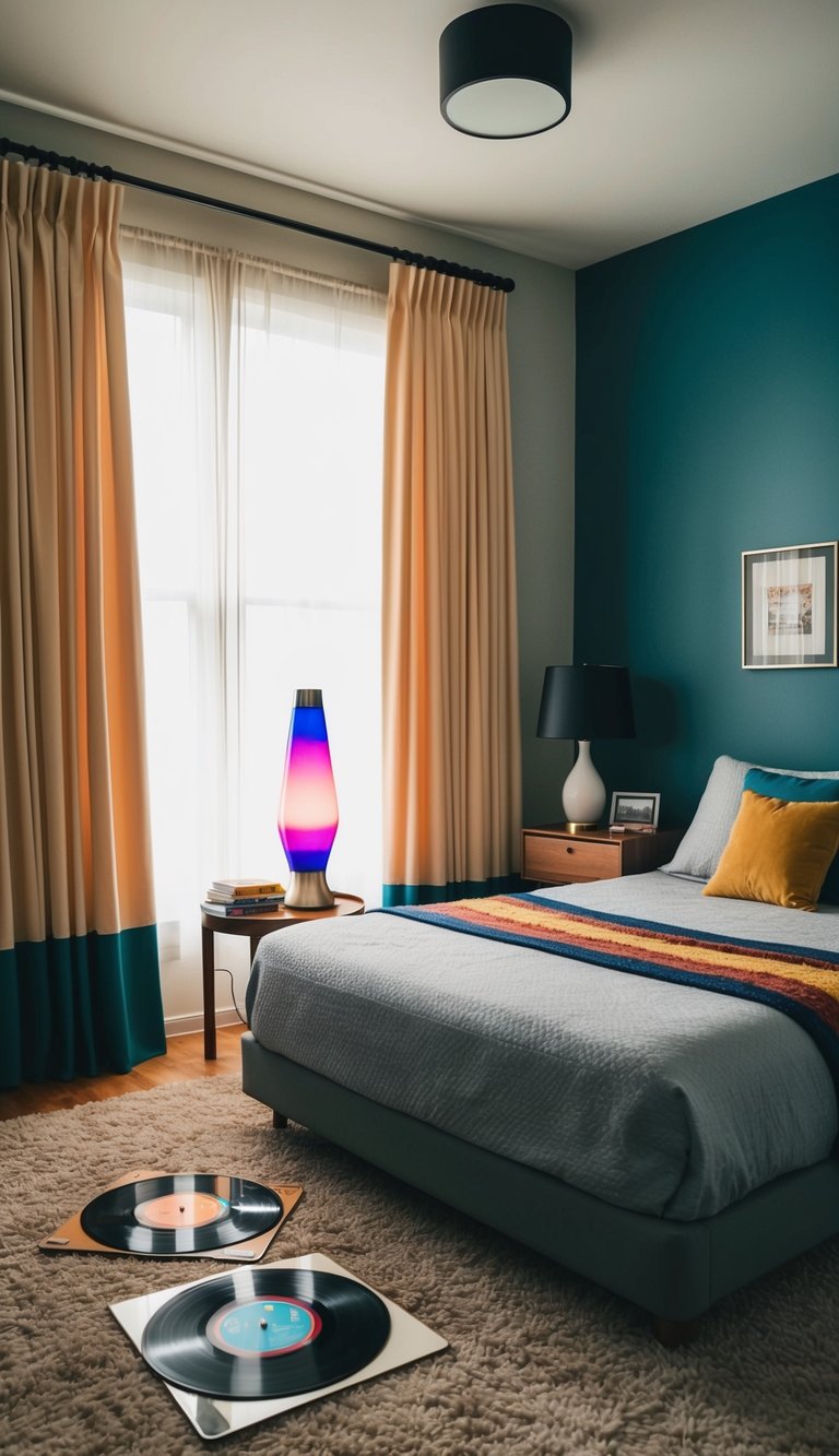 A retro bedroom with bell-bottom curtain panels, lava lamp, vinyl records, and shag rug