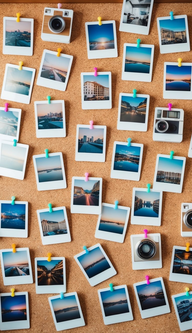 A corkboard covered in polaroid photos, creating a retro collage