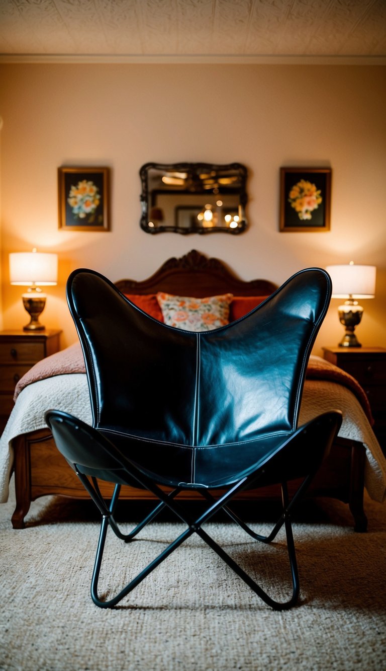 A cozy retro bedroom with a faux leather butterfly chair as the focal point, surrounded by vintage decor and warm lighting