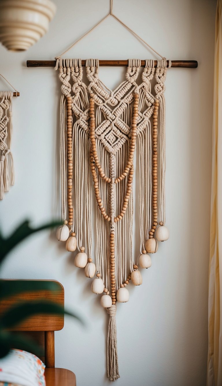 A macrame wall hanging with wooden beads hangs in a retro bedroom, adding a bohemian touch to the space