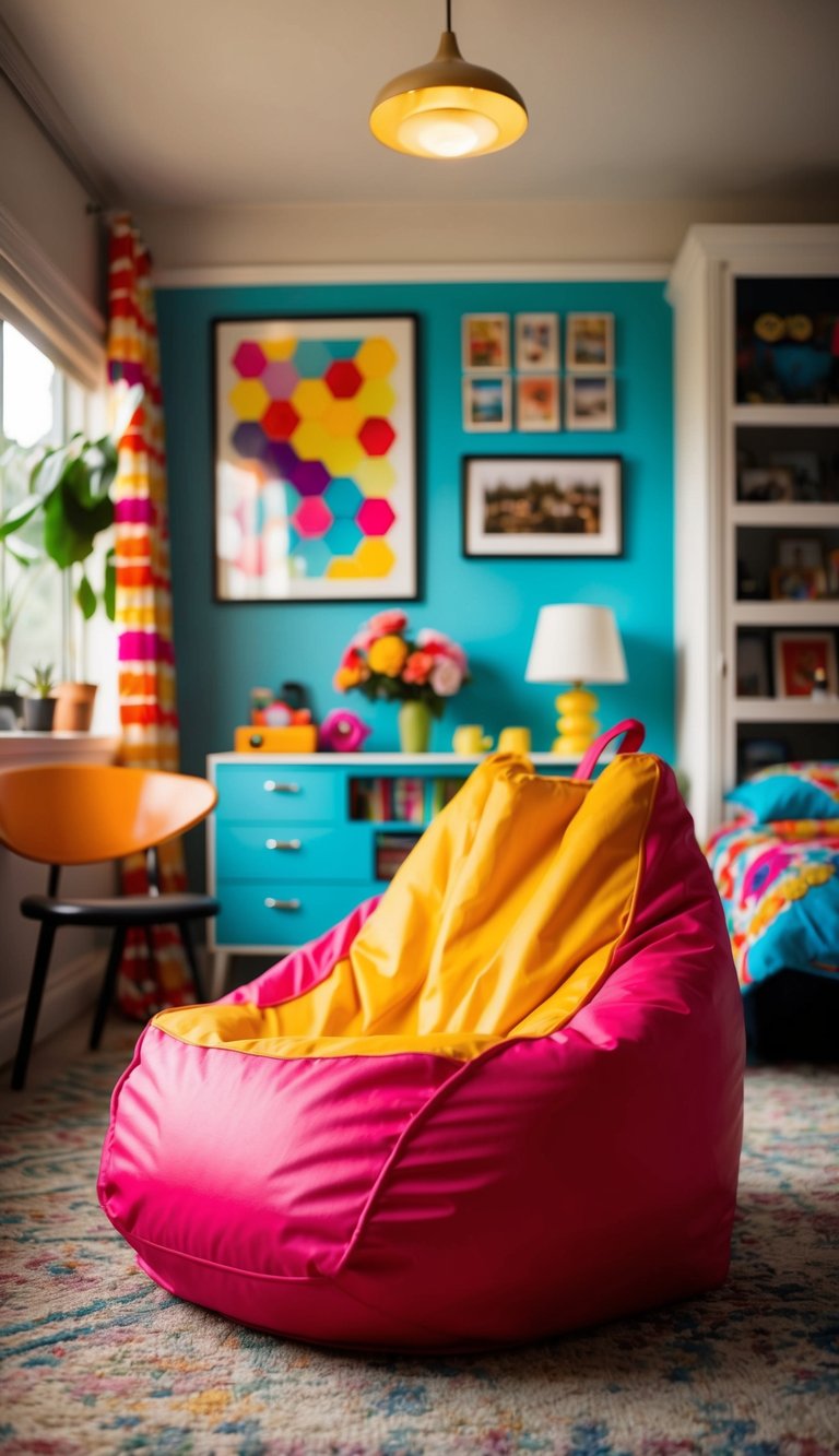 A brightly colored bean bag chair sits in a retro bedroom, surrounded by vintage decor and vibrant colors