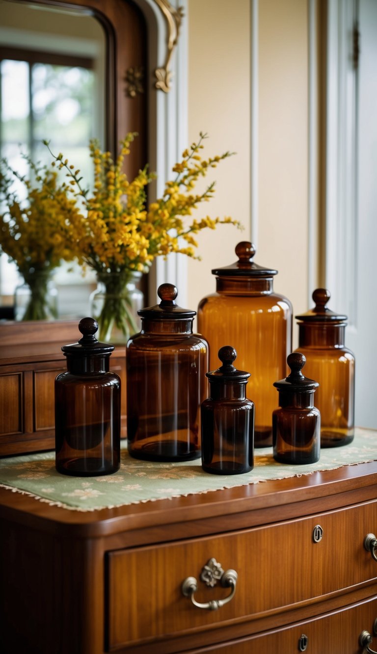 Amber apothecary jars arranged on a vintage dresser in a retro bedroom