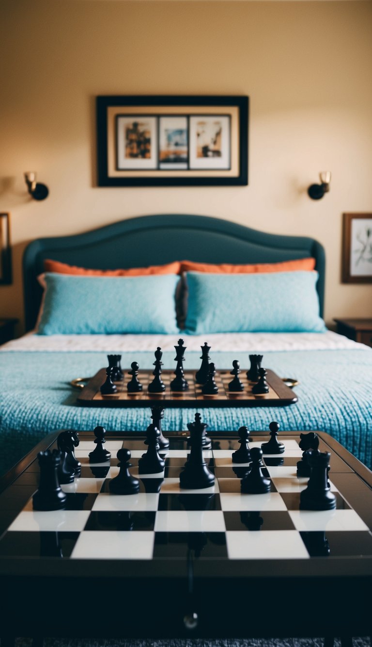 A retro bedroom with a checkerboard chess table as the focal point