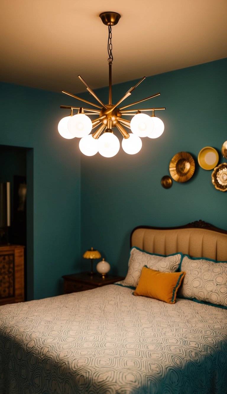 A retro bedroom with a bronze Sputnik chandelier hanging from the ceiling, casting warm light over the vintage decor