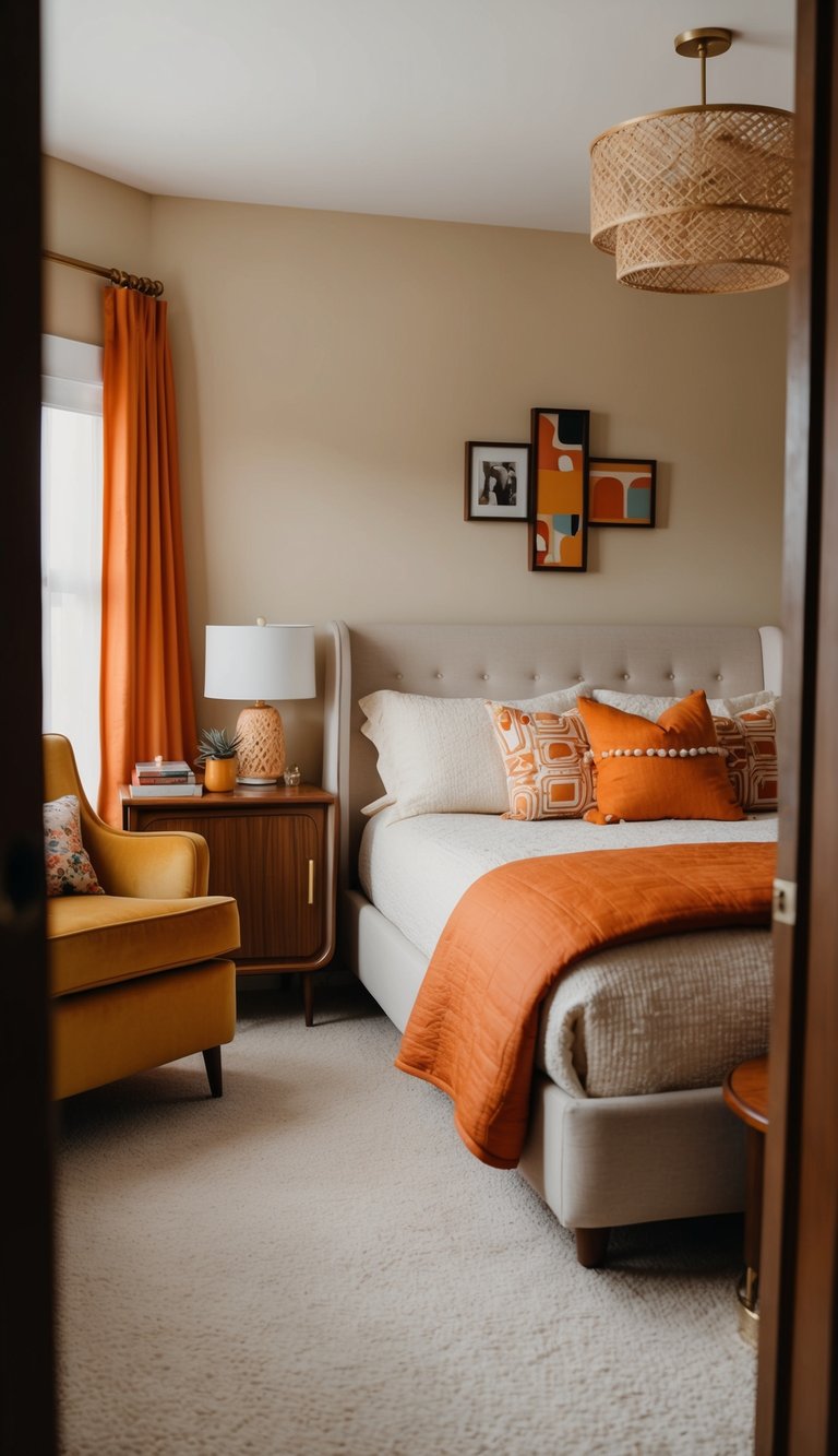 A cozy retro bedroom with beige and burnt orange decor, featuring vintage furniture and 70s-inspired accessories