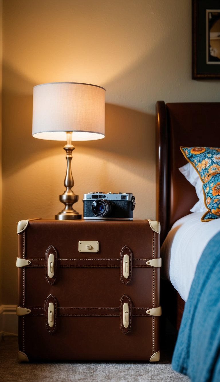 A leather suitcase serves as a nightstand in a retro bedroom, surrounded by vintage decor and warm lighting