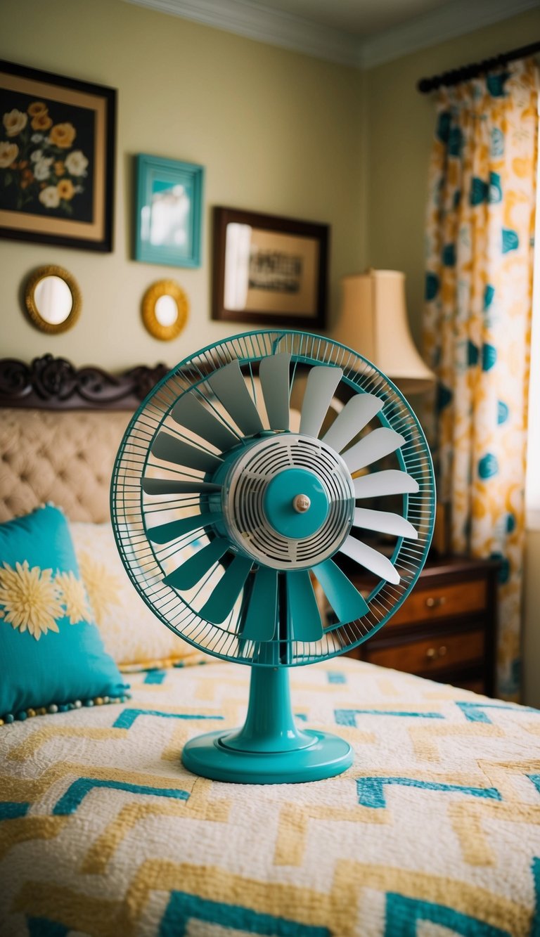 A patterned rotary fan spins in a retro bedroom, surrounded by vintage decor and furniture