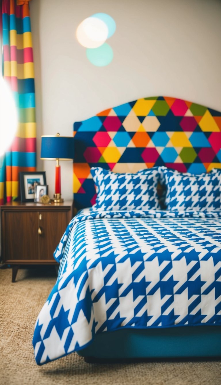 A retro bedroom with a bold houndstooth patterned bedspread