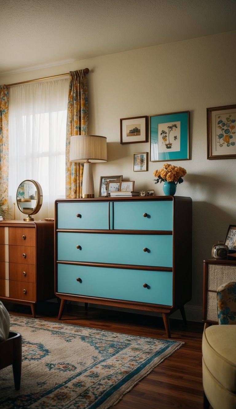A mid-century dresser sits in a retro bedroom, surrounded by vintage decor and furnishings