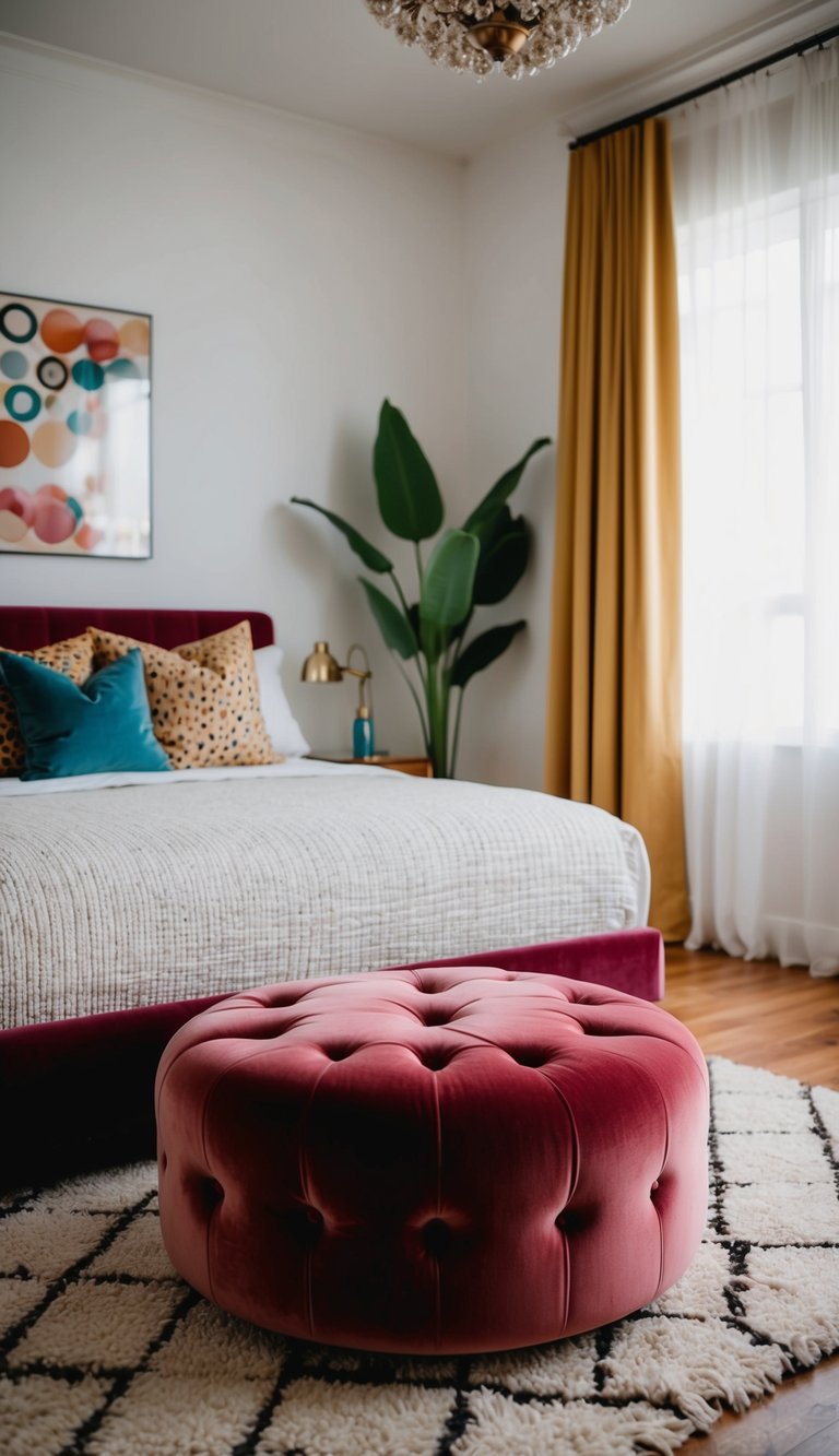 A velvet round ottoman sits in a retro bedroom with 31 design ideas