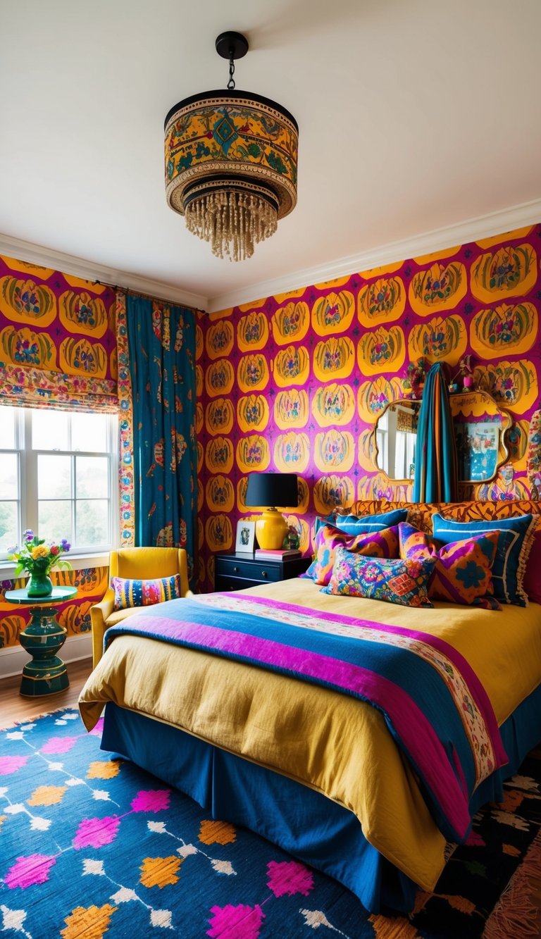 A bedroom with vibrant, bold patterned wallpaper, adorned with eclectic decor and colorful textiles