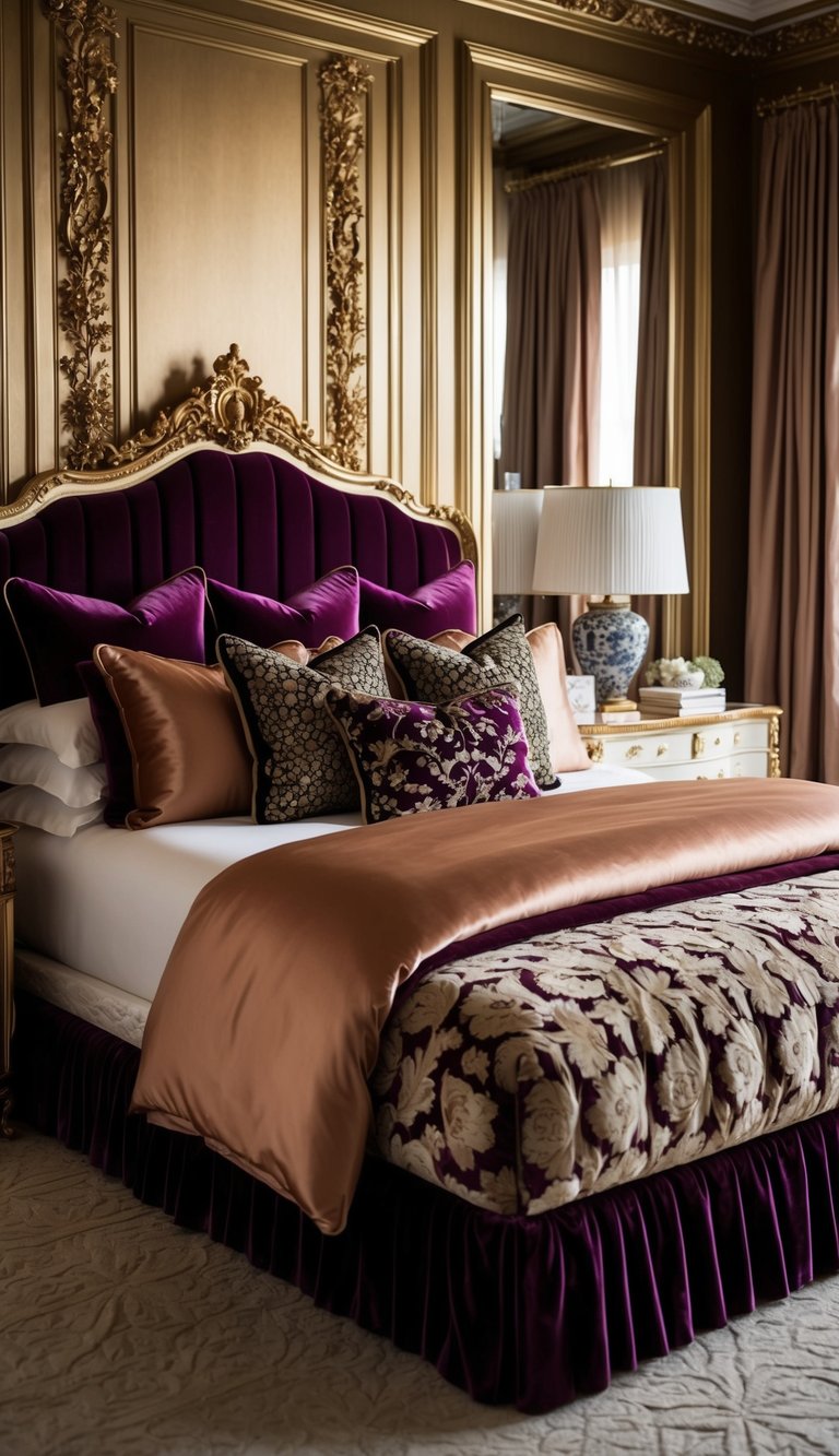 A luxurious bed with velvet and silk bedding in a lavish, maximalist bedroom. Rich textures and bold patterns create a sumptuous and opulent atmosphere