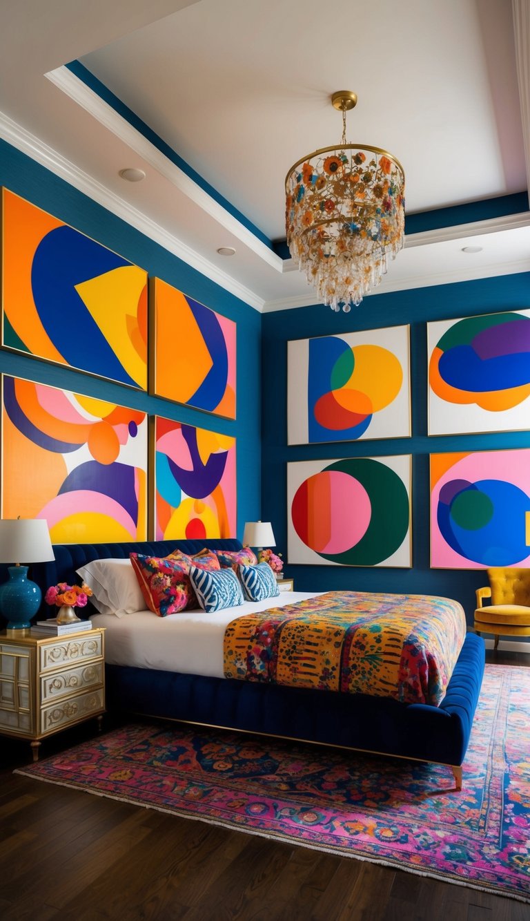 Vibrant, oversized abstract paintings adorn the walls of a luxurious, eclectic bedroom filled with bold colors and patterns