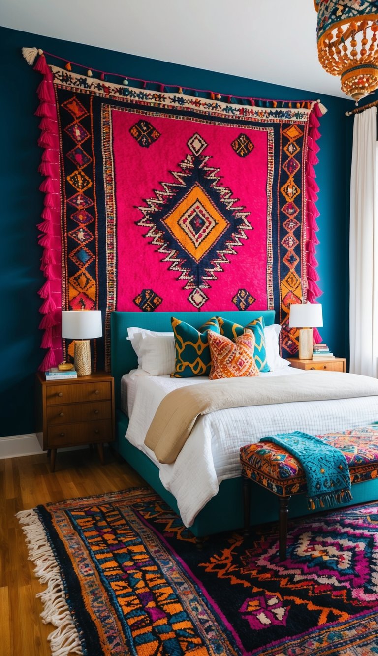 A tasseled Moroccan rug anchors a vibrant maximalist bedroom with bold patterns and rich colors