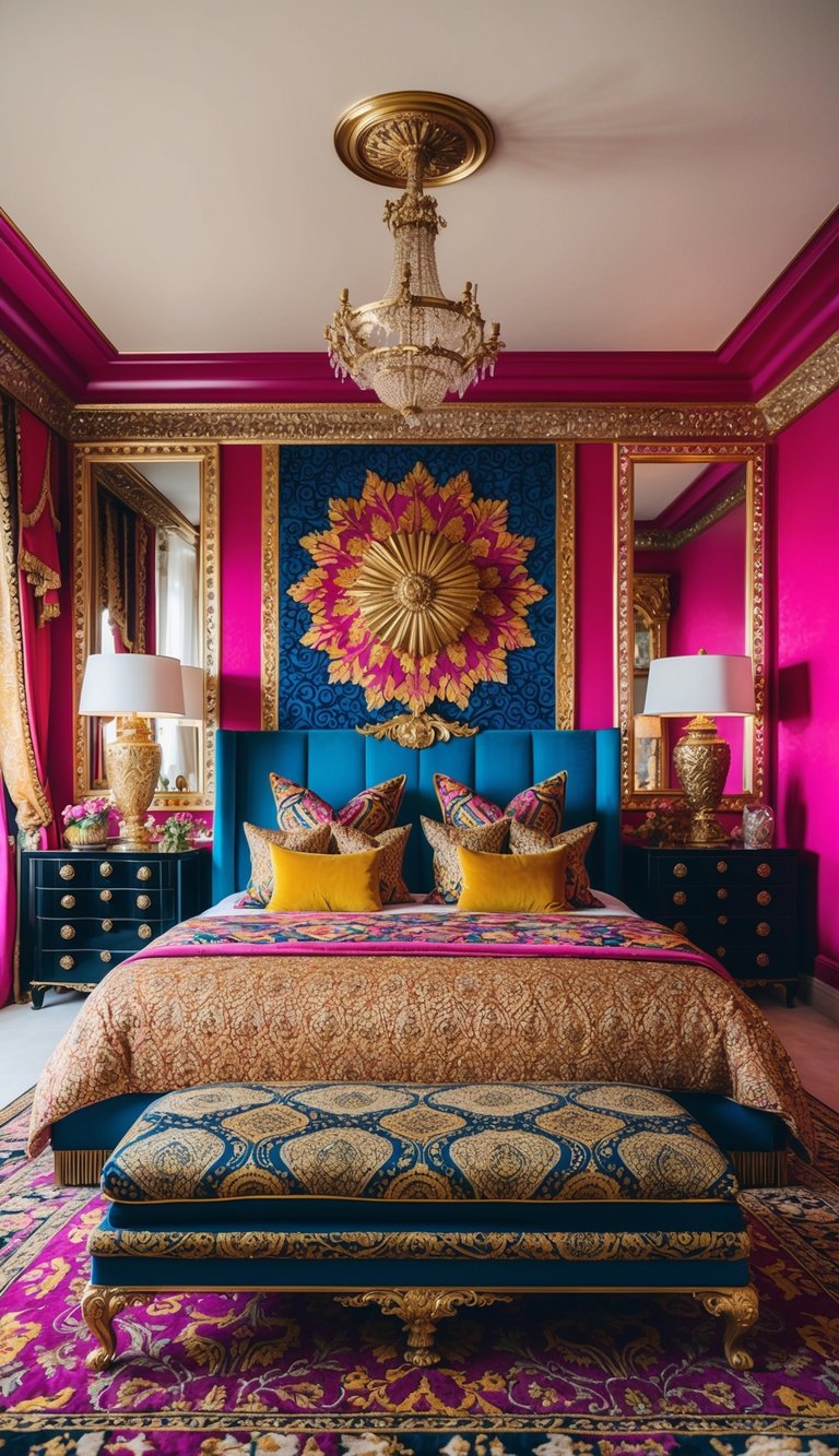 A luxurious bedroom with bold patterns, vibrant colors, and metallic gold accents throughout. Rich textures and ornate details create a maximalist and opulent atmosphere