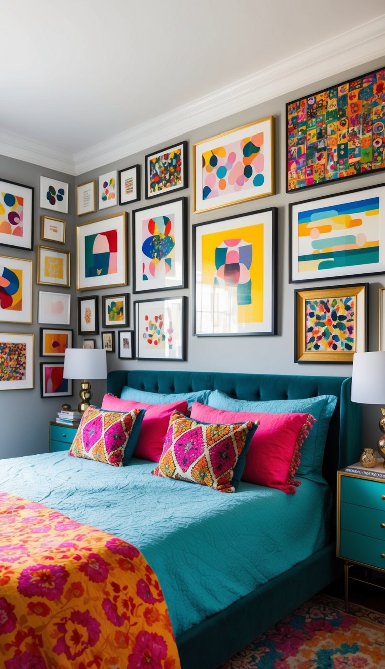 A gallery wall of vibrant, eclectic art fills a maximalist bedroom