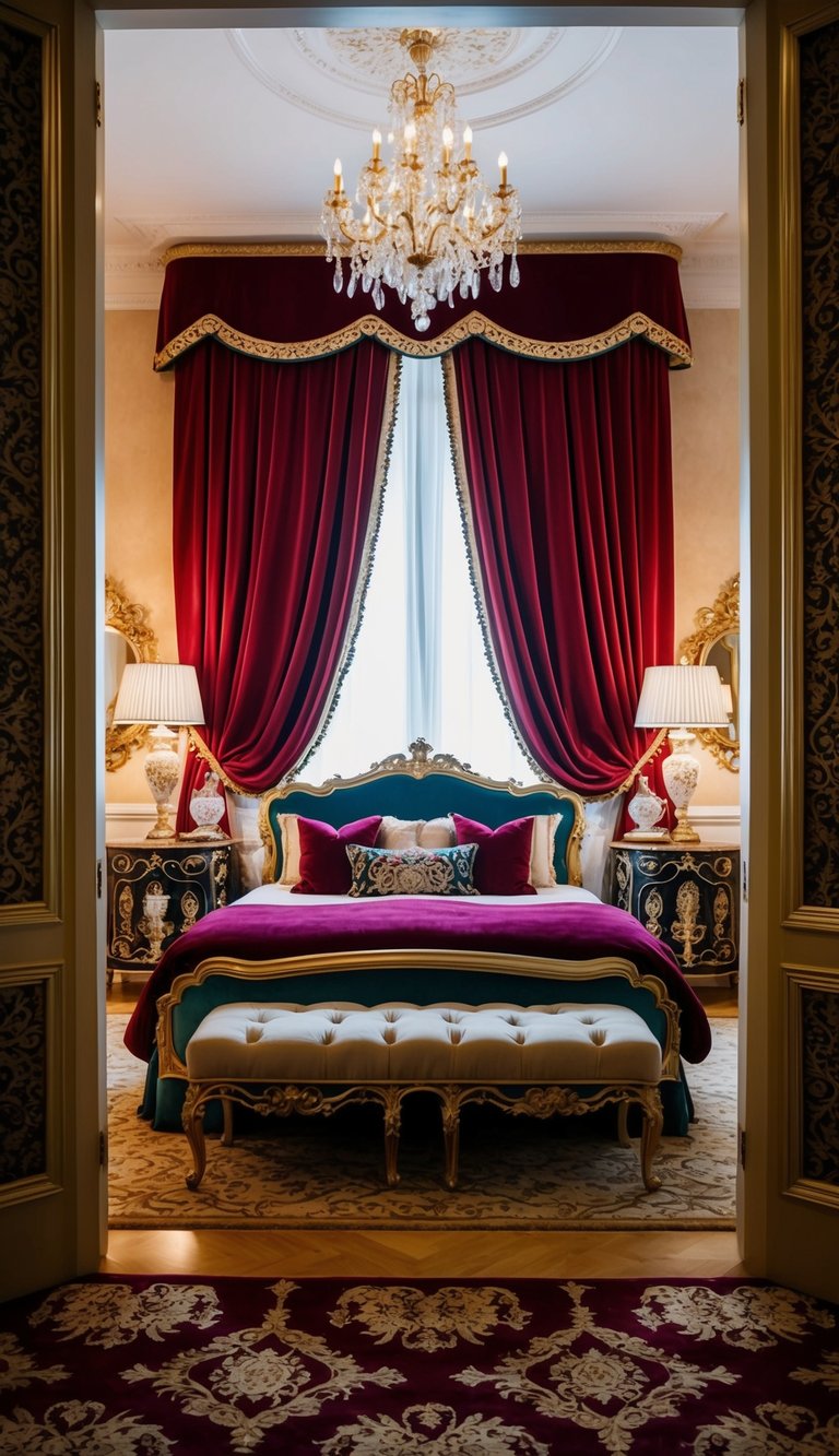 Rich, deep velvet curtains frame a lavish bedroom with opulent decor and bold patterns