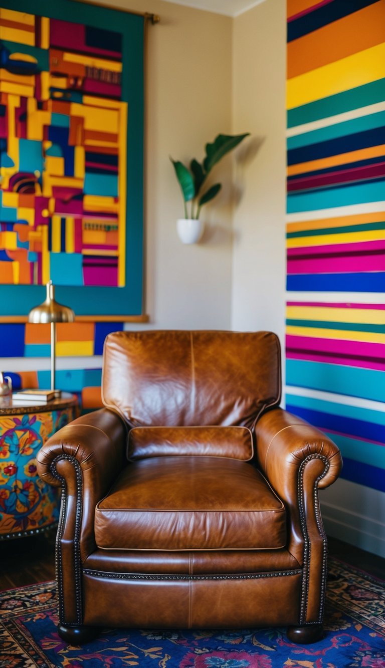 A large leather armchair sits in a vibrant, eclectic bedroom with bold patterns and rich colors