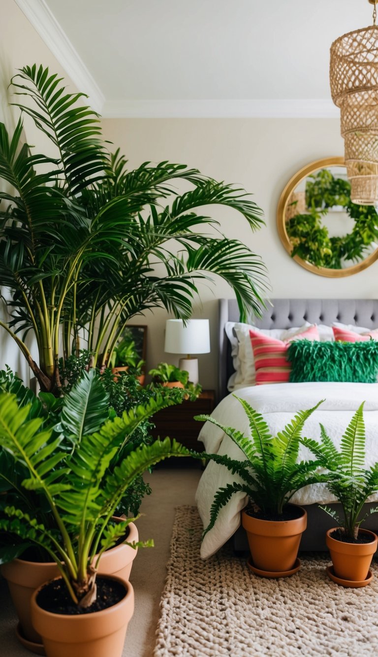 A bedroom filled with potted palms and ferns, creating a lush and vibrant maximalist atmosphere