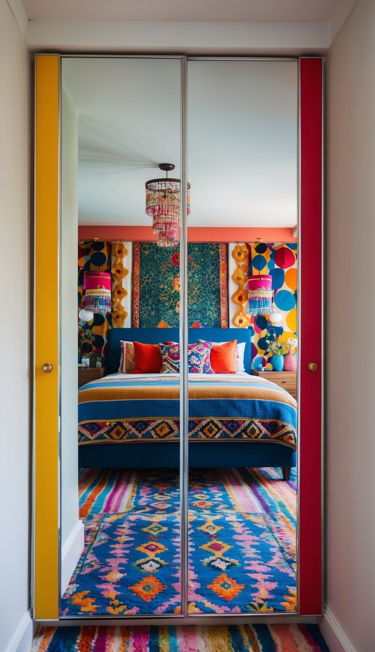 A bedroom with a large mirrored closet door reflecting colorful, eclectic decor and bold patterns