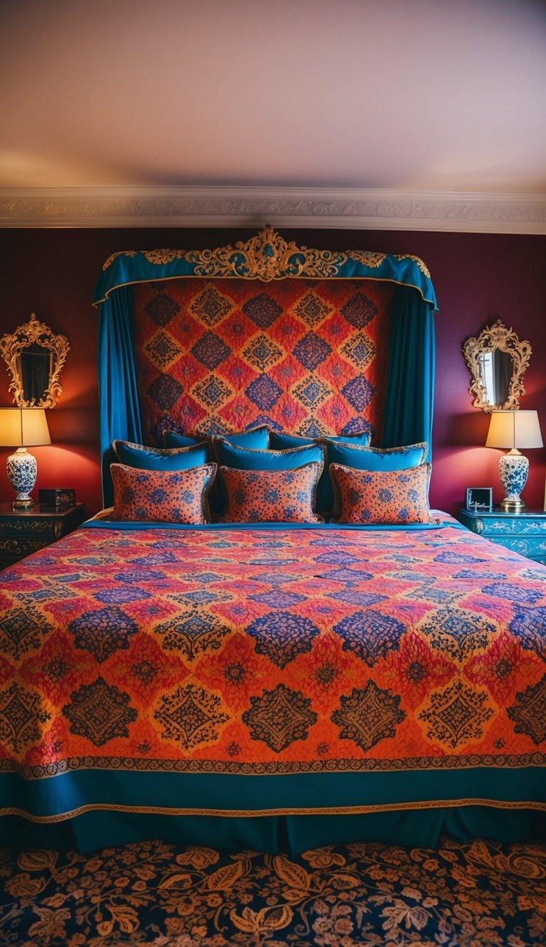 A bright, patterned bedspread covers a large, ornate bed in a lavishly decorated bedroom. Rich, vibrant colors and intricate patterns fill the space