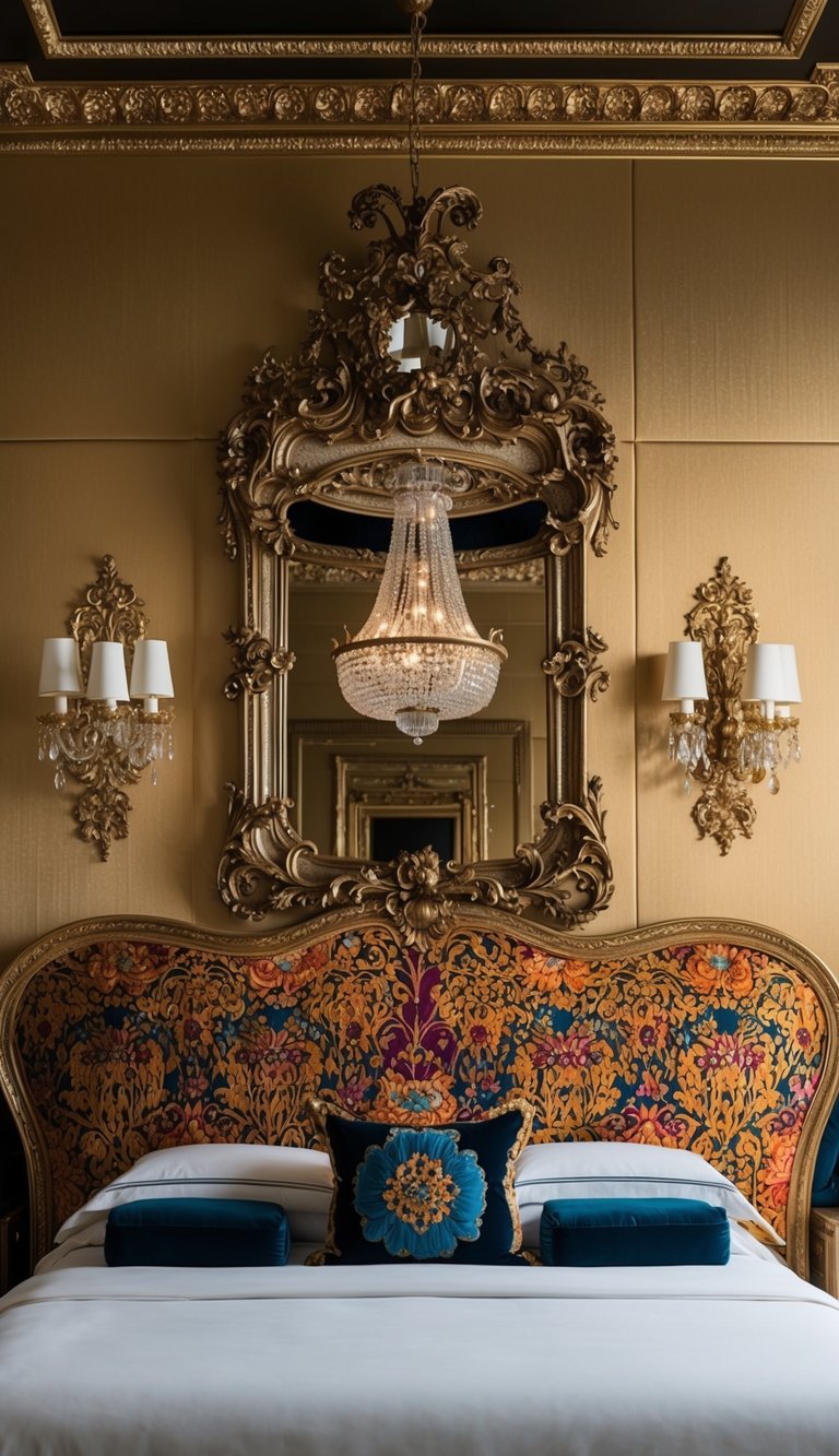 An ornate antique mirror hangs above a lavish, opulent bedroom with bold patterns, rich textures, and extravagant decor