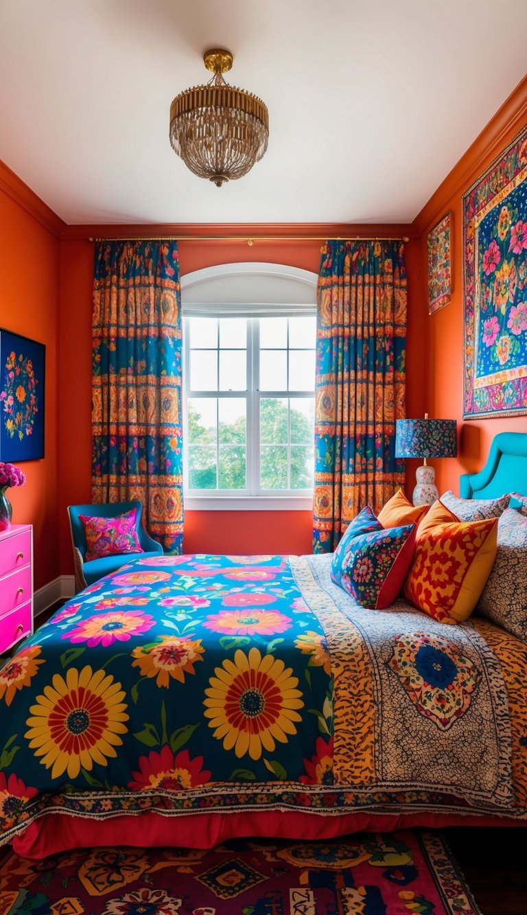 A vibrant, eclectic bedroom with bold floral and geometric patterns adorning the walls, bedding, and curtains. Rich colors and intricate designs create a maximalist aesthetic