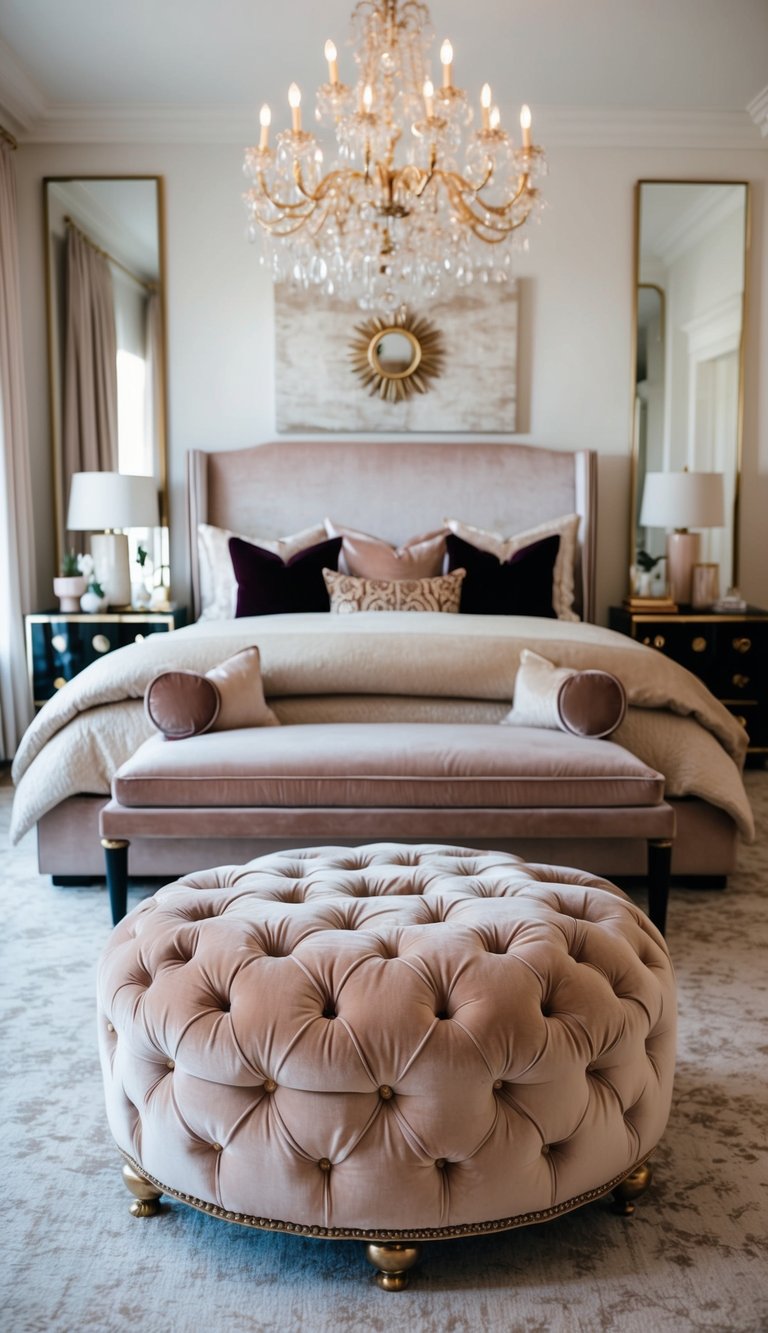 A plush velvet ottoman sits at the foot of a luxurious bed in a maximalist bedroom, adding a touch of opulence to the space