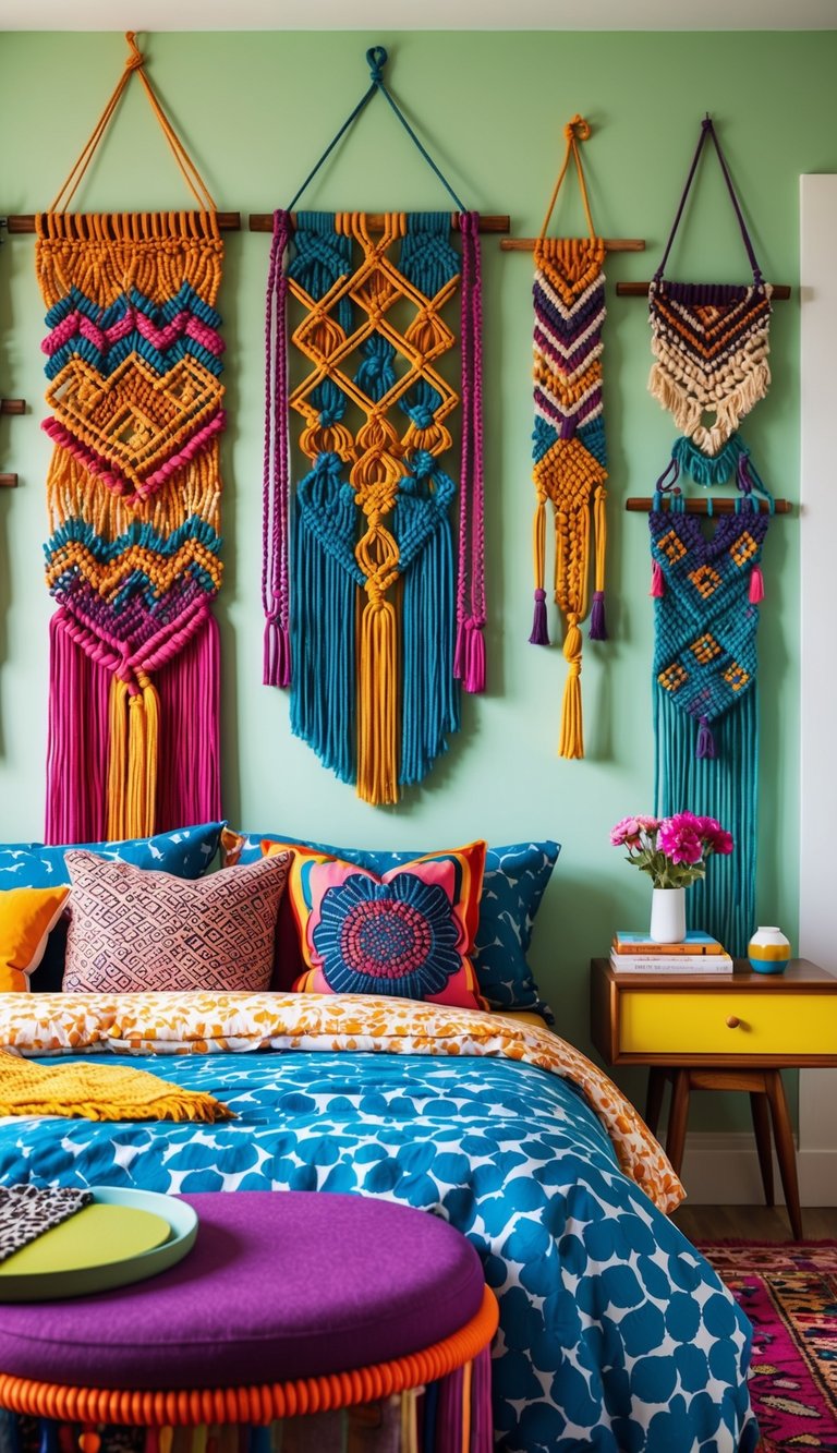 Colorful macramé wall hangings adorn a vibrant, eclectic bedroom filled with layers of patterned textiles and bold, mismatched furniture