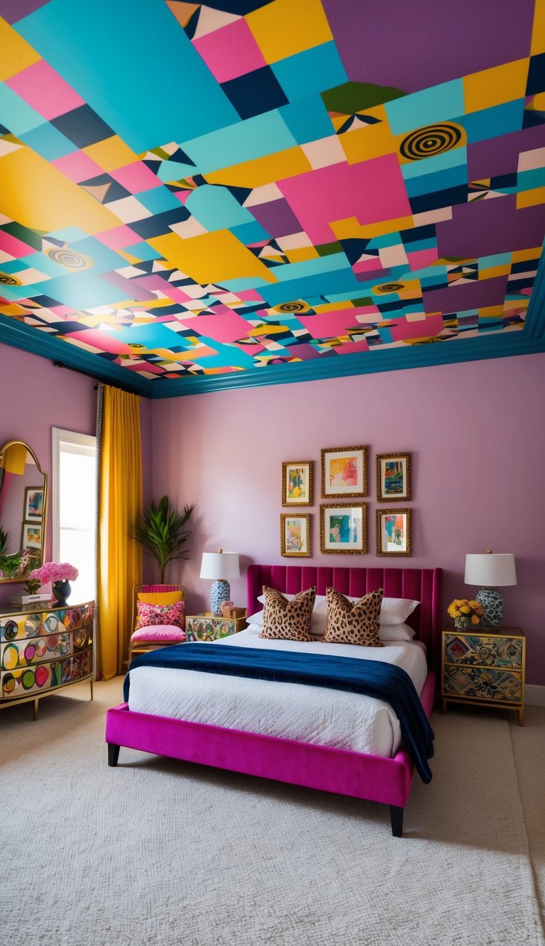 A bedroom with a vibrant, patterned ceiling mural, filled with eclectic and maximalist decor