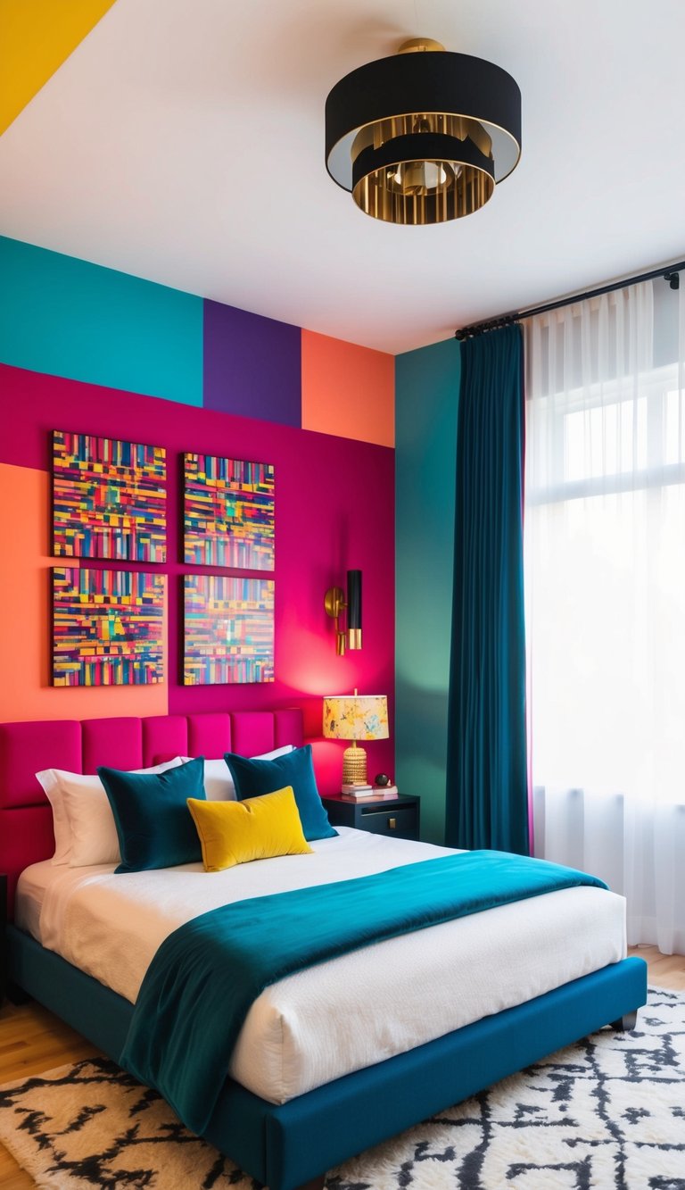 A vibrant, color-blocked accent wall dominates the maximalist bedroom, with bold hues and geometric shapes creating a visually striking focal point