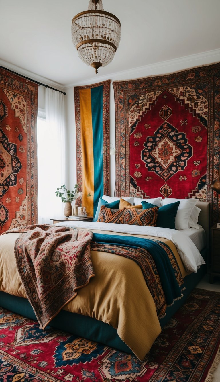 A bedroom filled with vintage Persian rugs, vibrant colors, and eclectic patterns, creating a maximalist and luxurious atmosphere