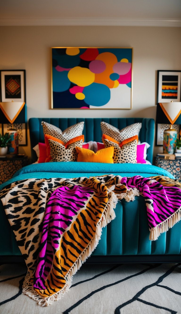 A cozy bedroom with vibrant animal print throw blankets draped over a luxurious bed, surrounded by bold patterns and eclectic decor
