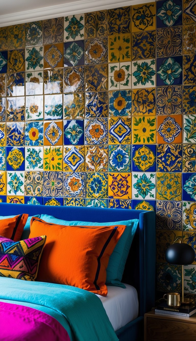 A colorful array of hand-painted decorative tiles adorns the wall of a vibrant maximalist bedroom, adding a bold and eclectic touch to the space