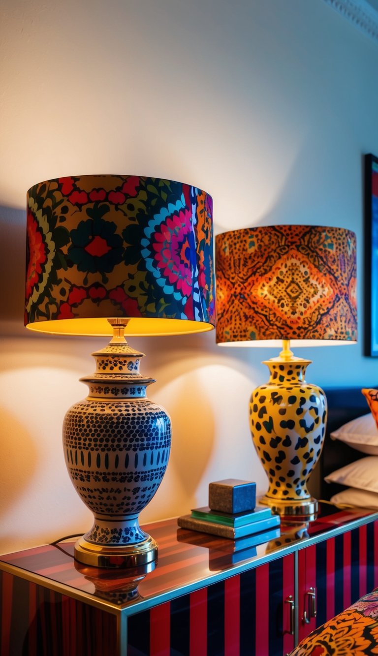Two mismatched eclectic bedside lamps illuminate a vibrant maximalist bedroom with bold patterns and colors