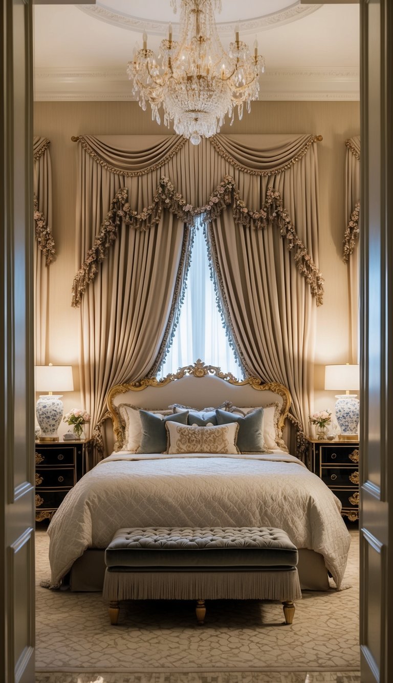 A lavish bedroom with opulent bedding and curtains adorned with fringe, creating a maximalist and luxurious atmosphere