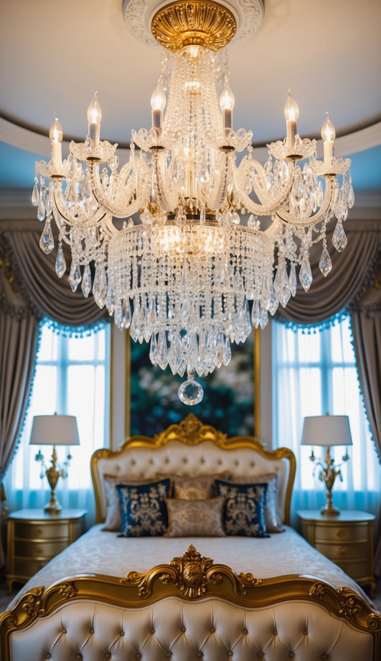 A grand chandelier with sparkling crystals hangs from the ornate ceiling of a luxurious, opulent bedroom filled with lavish maximalist decor