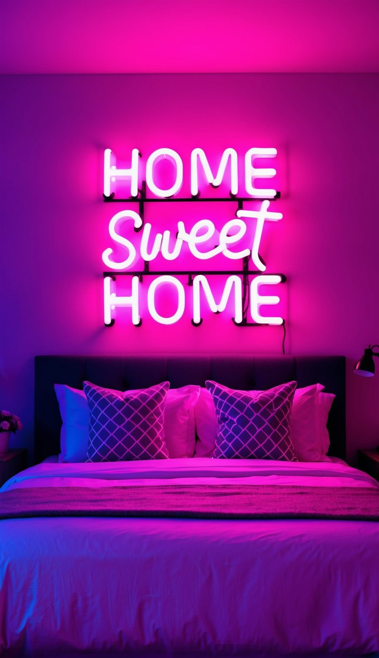 A bedroom filled with vibrant neon signs casting colorful mood lighting