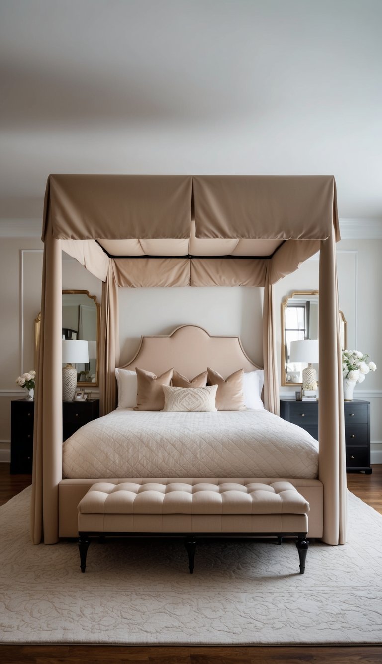 A lavish, ornate bed frame with a canopy, surrounded by opulent decor and luxurious textiles