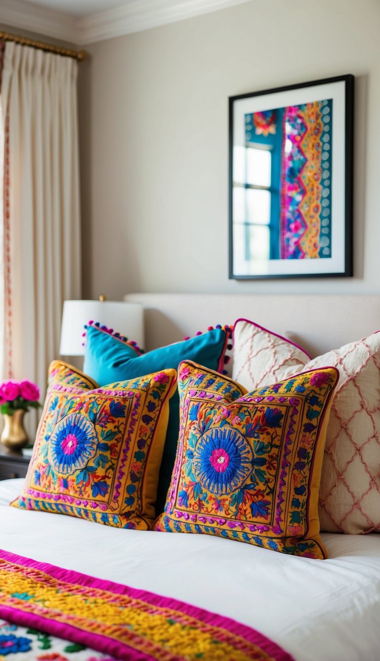 Vibrant throw pillows scattered on a bed in a colorful, eclectic bedroom