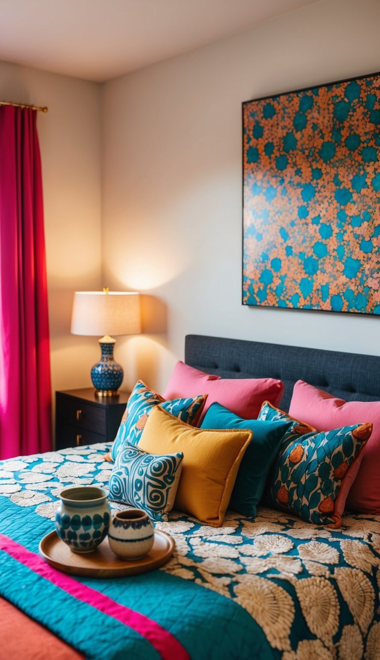 A bedroom filled with colorful, artisan handmade ceramics, creating a maximalist and vibrant atmosphere