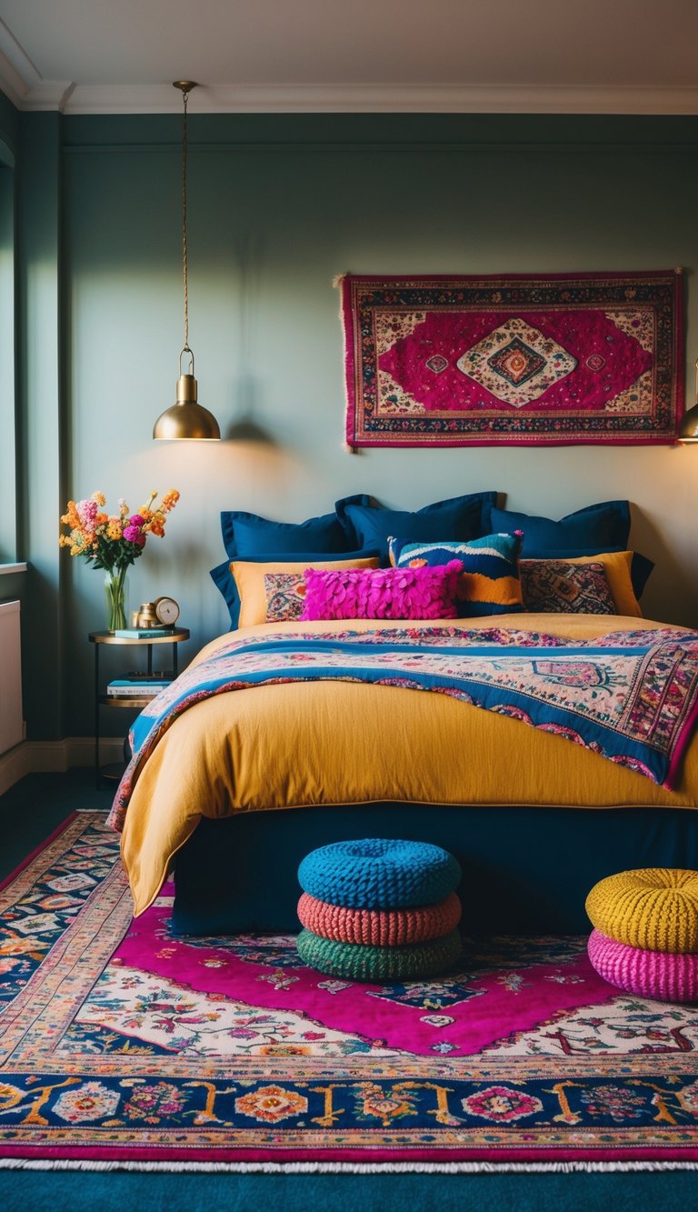 A bedroom with multiple colorful, patterned area rugs layered on the floor, creating a maximalist and vibrant atmosphere
