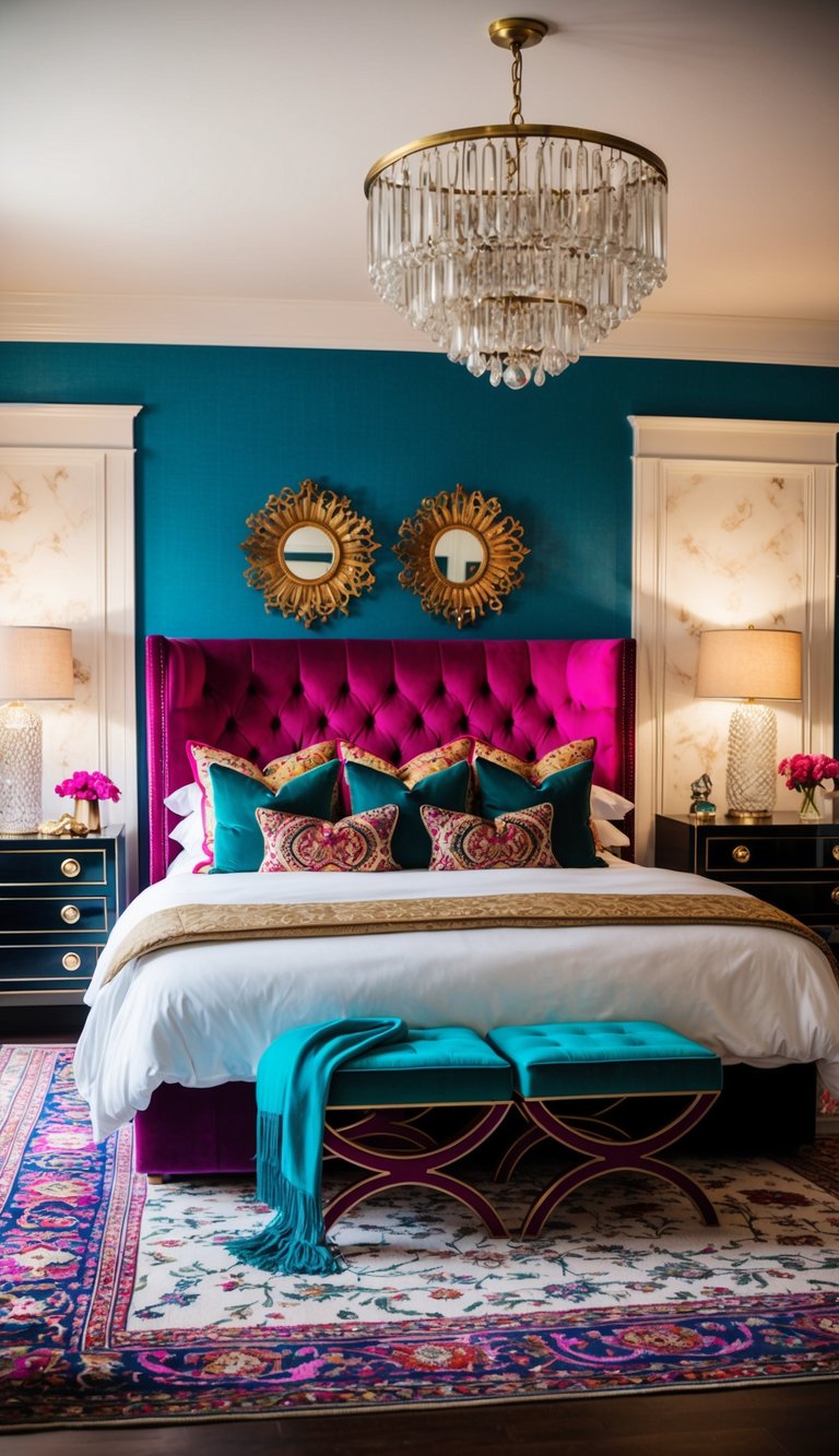 Bright jewel-toned cushions scattered on a luxurious bed in a vibrant, maximalist bedroom. Rich colors and textures create a cozy, eclectic atmosphere